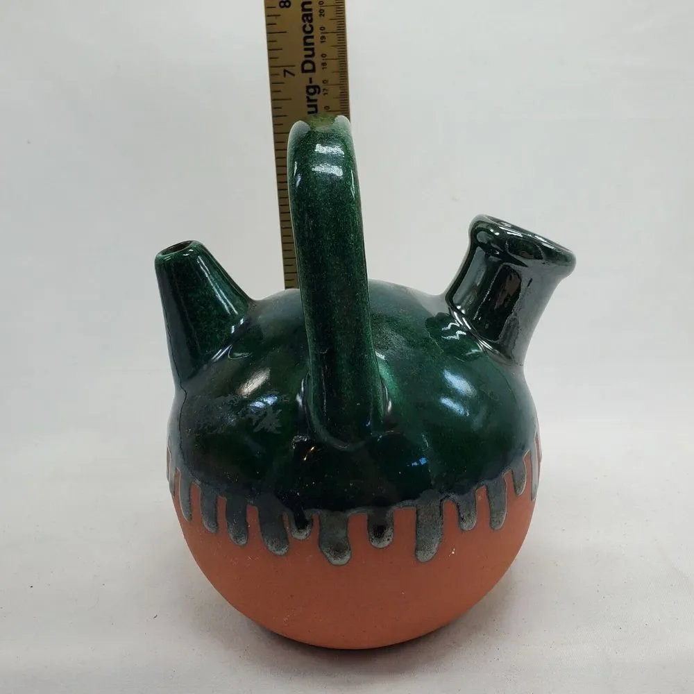 French Clay Terracotta Green Drip Glazed Gargoulette Pottery 10 x 7 liquor Jug..